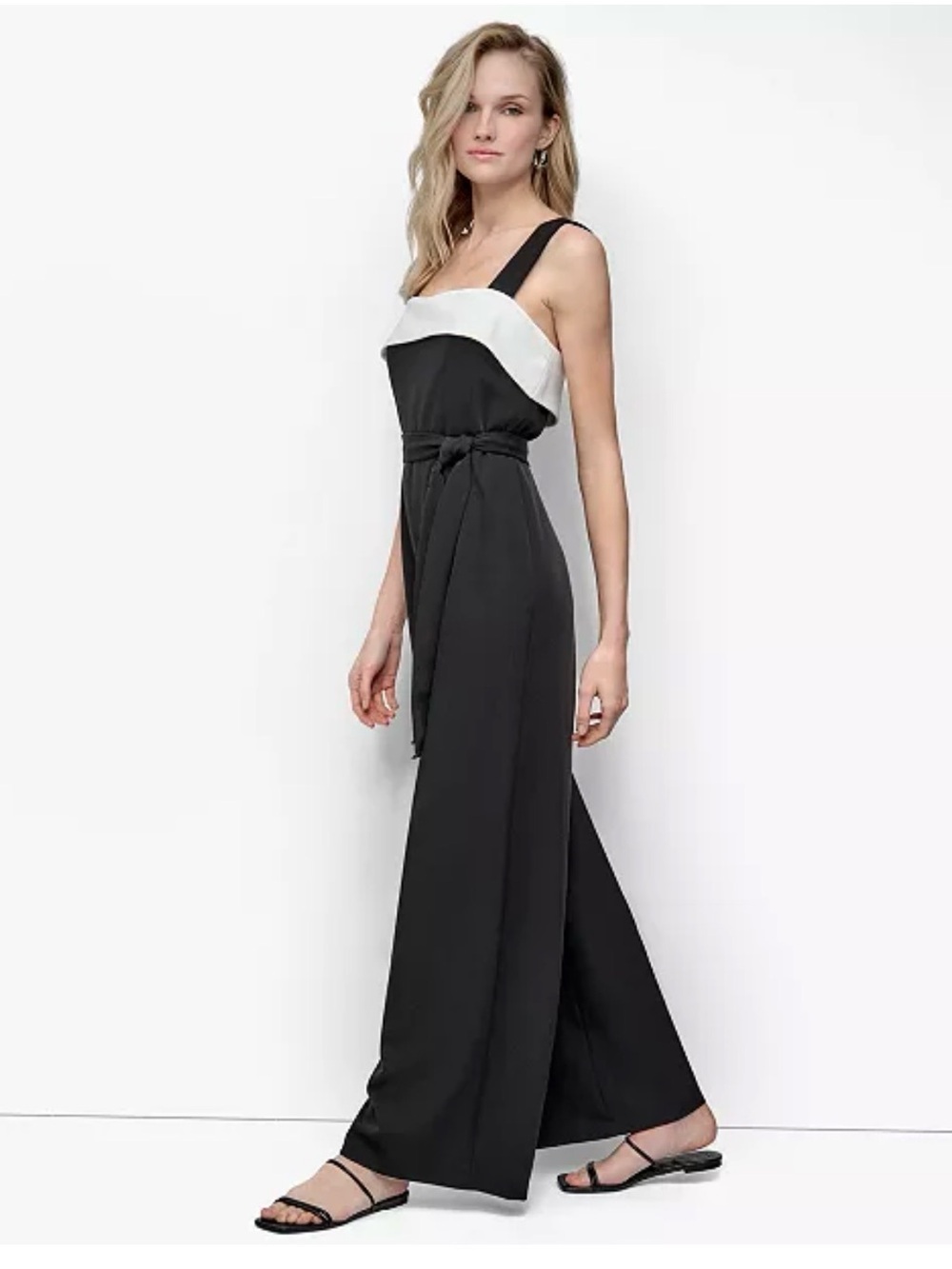 DKNY Black and White Wide-Leg Jumpsuit with Tie Waist